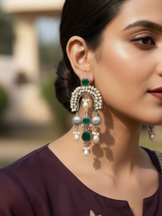 Gauhar Green Monalisa Stone Pearl Oxidized Statement Earrings