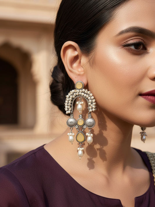 Gauhar Yellow Monalisa Stone Pearl Oxidized Statement Earrings