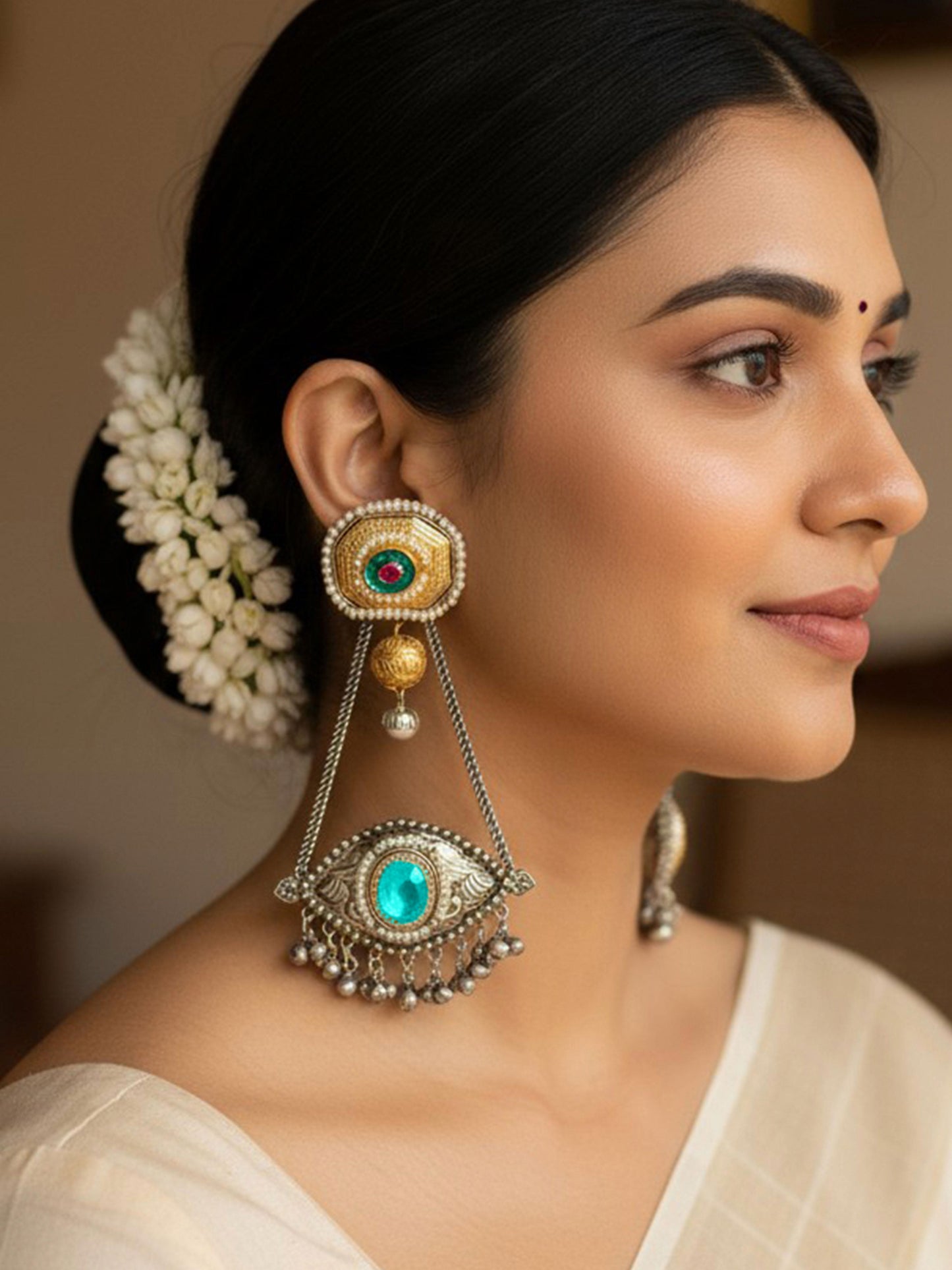 Gautami Skyblue Monalisa Stone Dual Tone Long Ghungroo Kashmiri Earrings