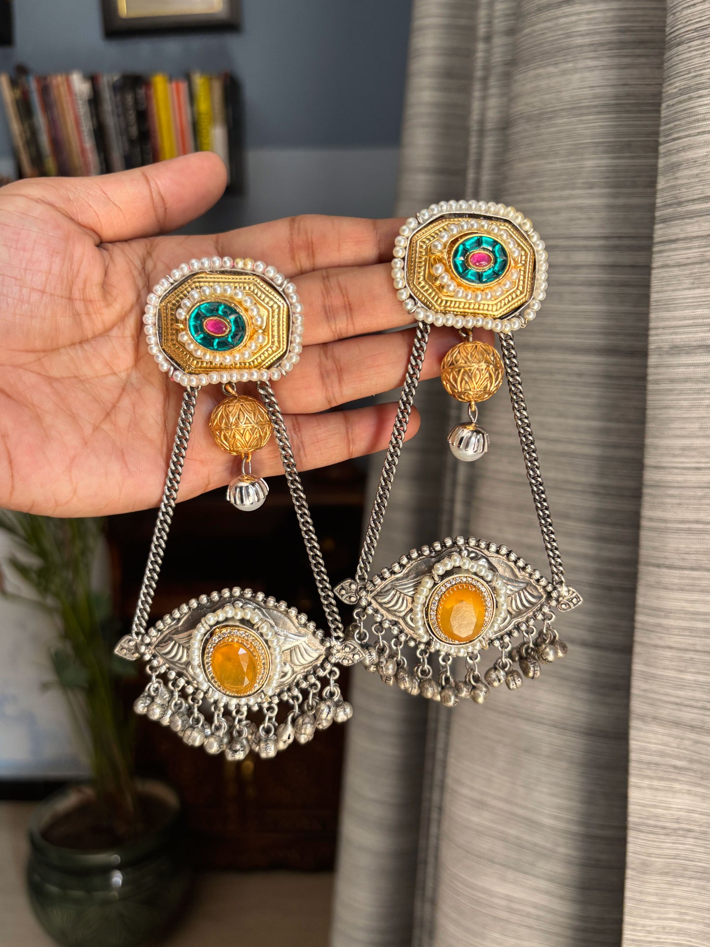 Gautami Yellow Monalisa Stone Dual Tone Long Ghungroo Kashmiri Earrings