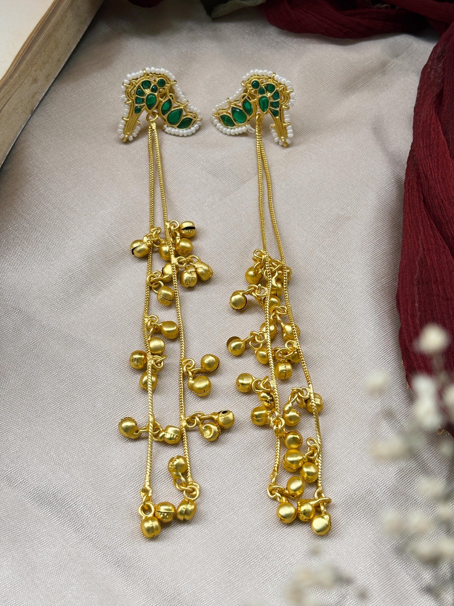 Gini – Green Long Ghungroo Dangly Earrings