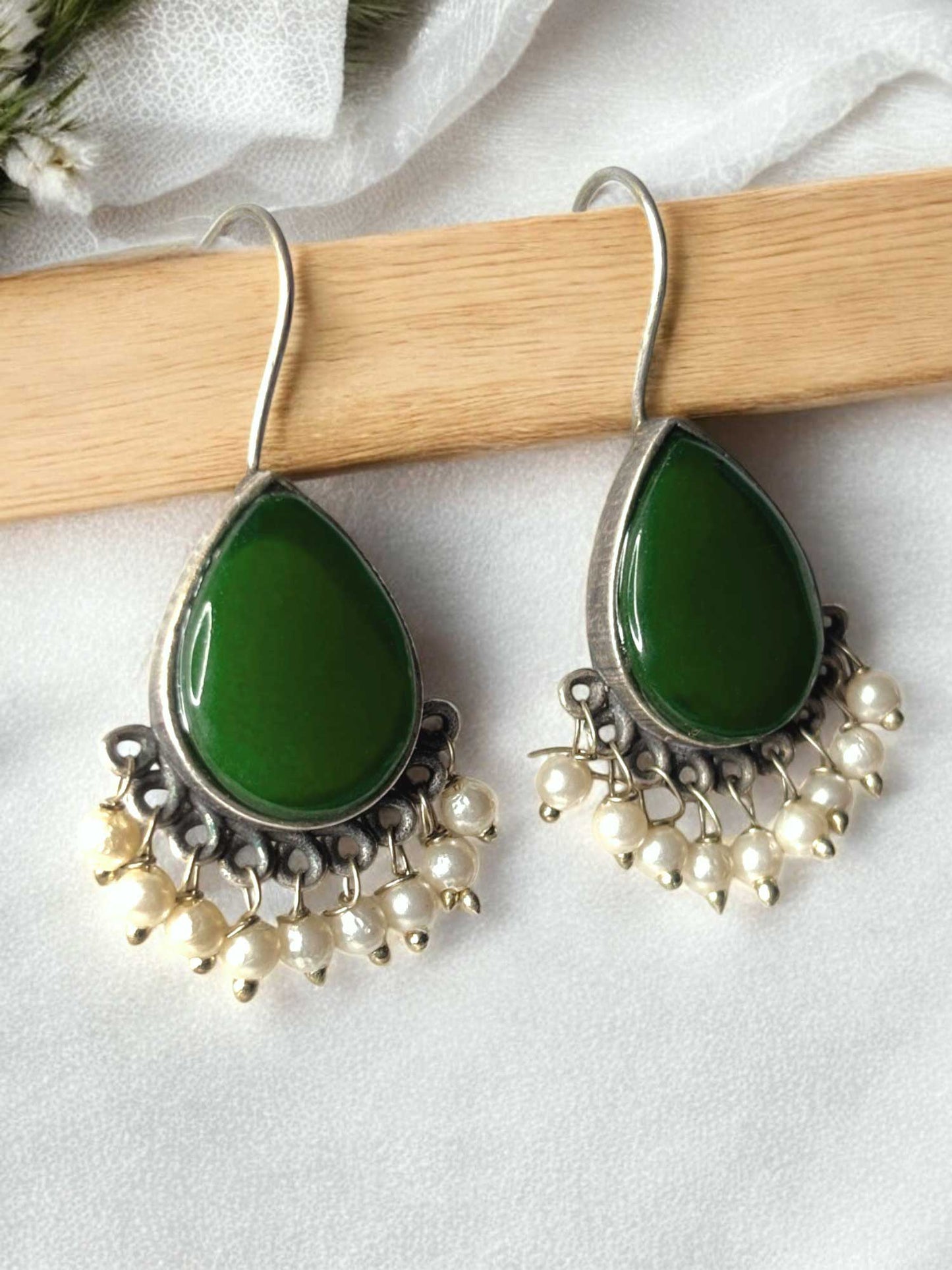 Dew Drop Monalisa Stone Oxidized Hook Earrings