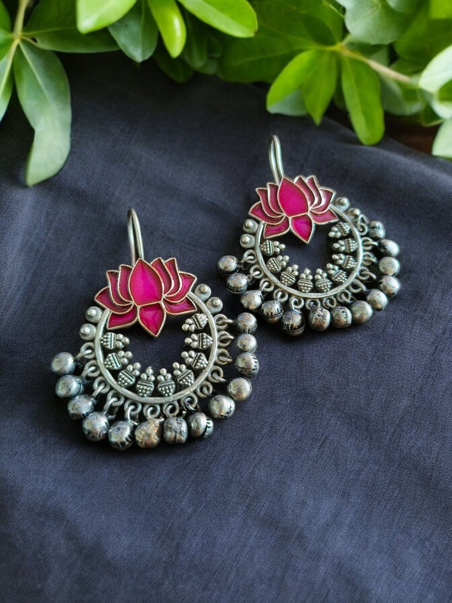 Handpainted Meenakari Lotus Silver Earrings