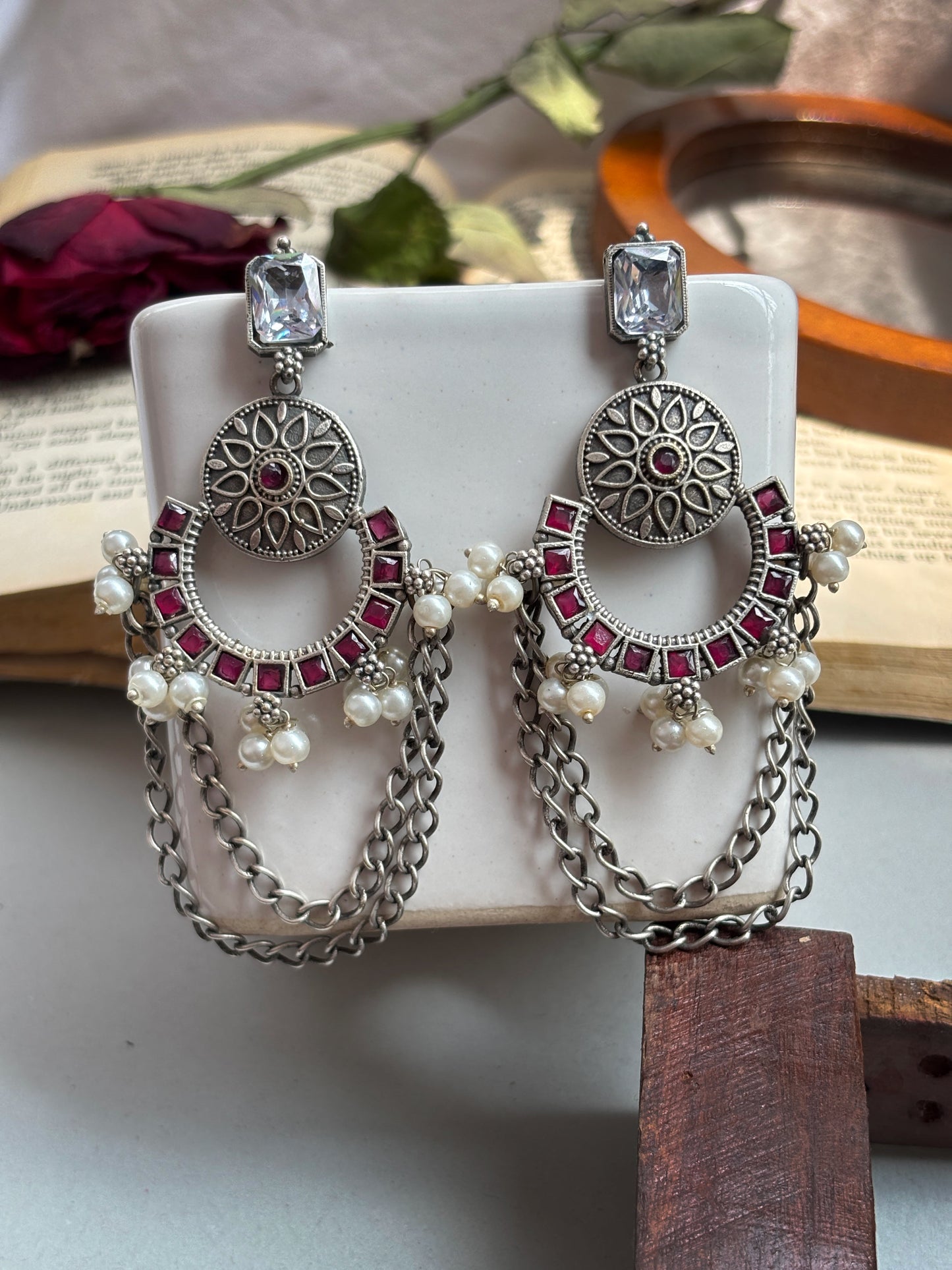 Heer Ruby Red Monalisa Stone Pearl Chain Dangle Earrings