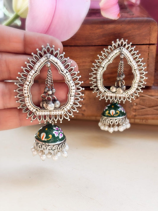 Iksha Green Handpainted Meenakari Jhumka Earrings