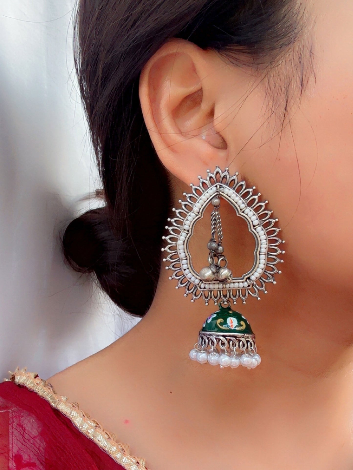 Iksha Green Handpainted Meenakari Jhumka Earrings