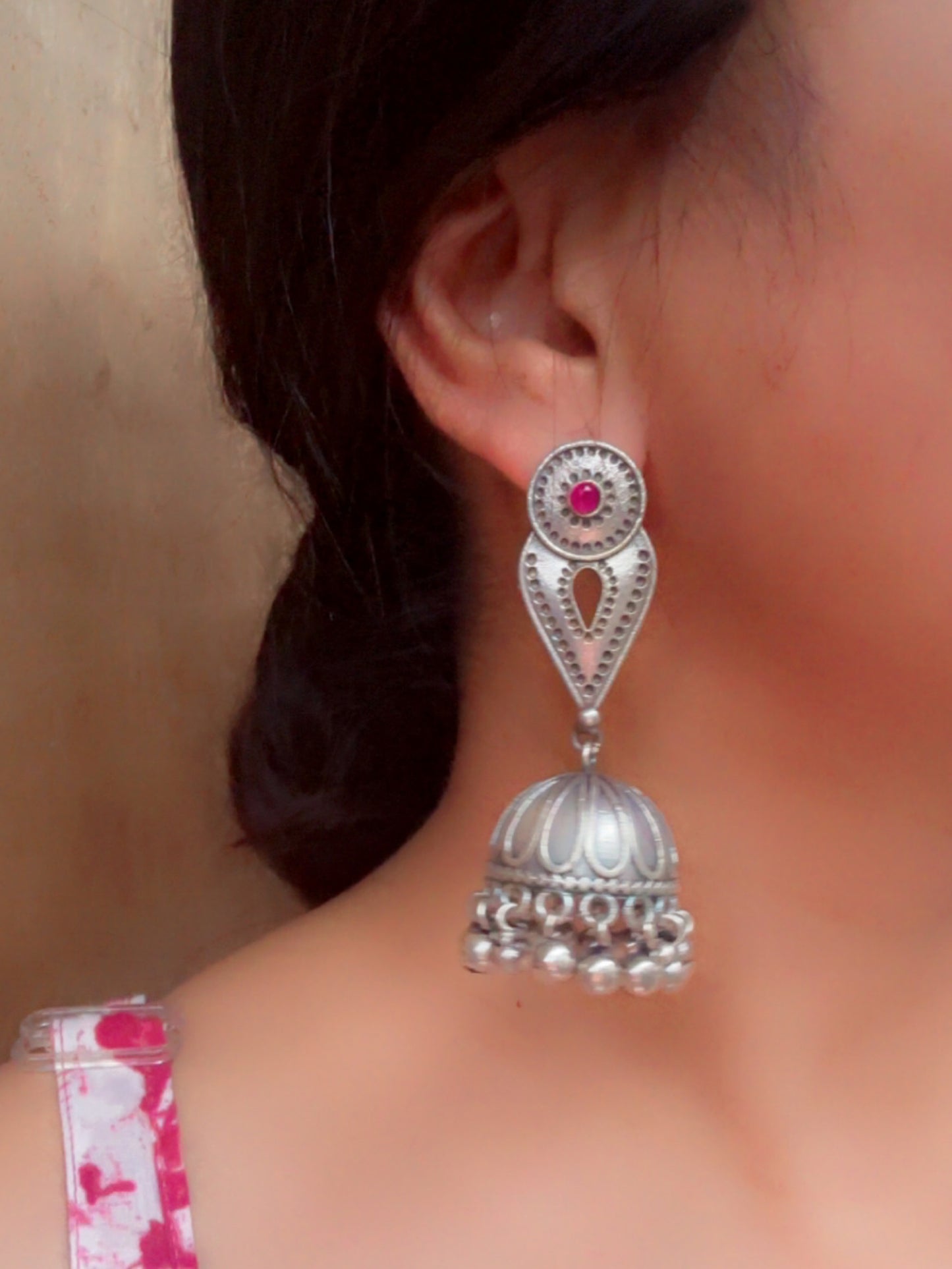 Inika Red Monalisa Stone Oxidized Silver Jhumka with Ghungroo