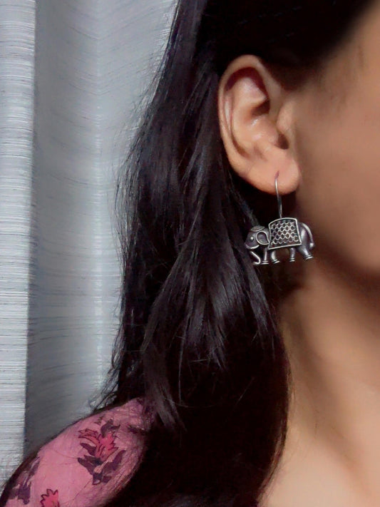 Iraavati Hook Elephant Oxidized Boho Earrings