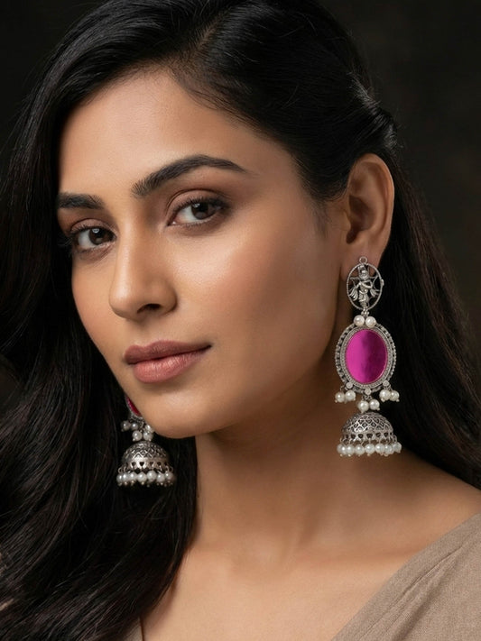 Iyana Pink Mirror Glass Silver Pearl Jhumka – Oxidized Boho Earrings