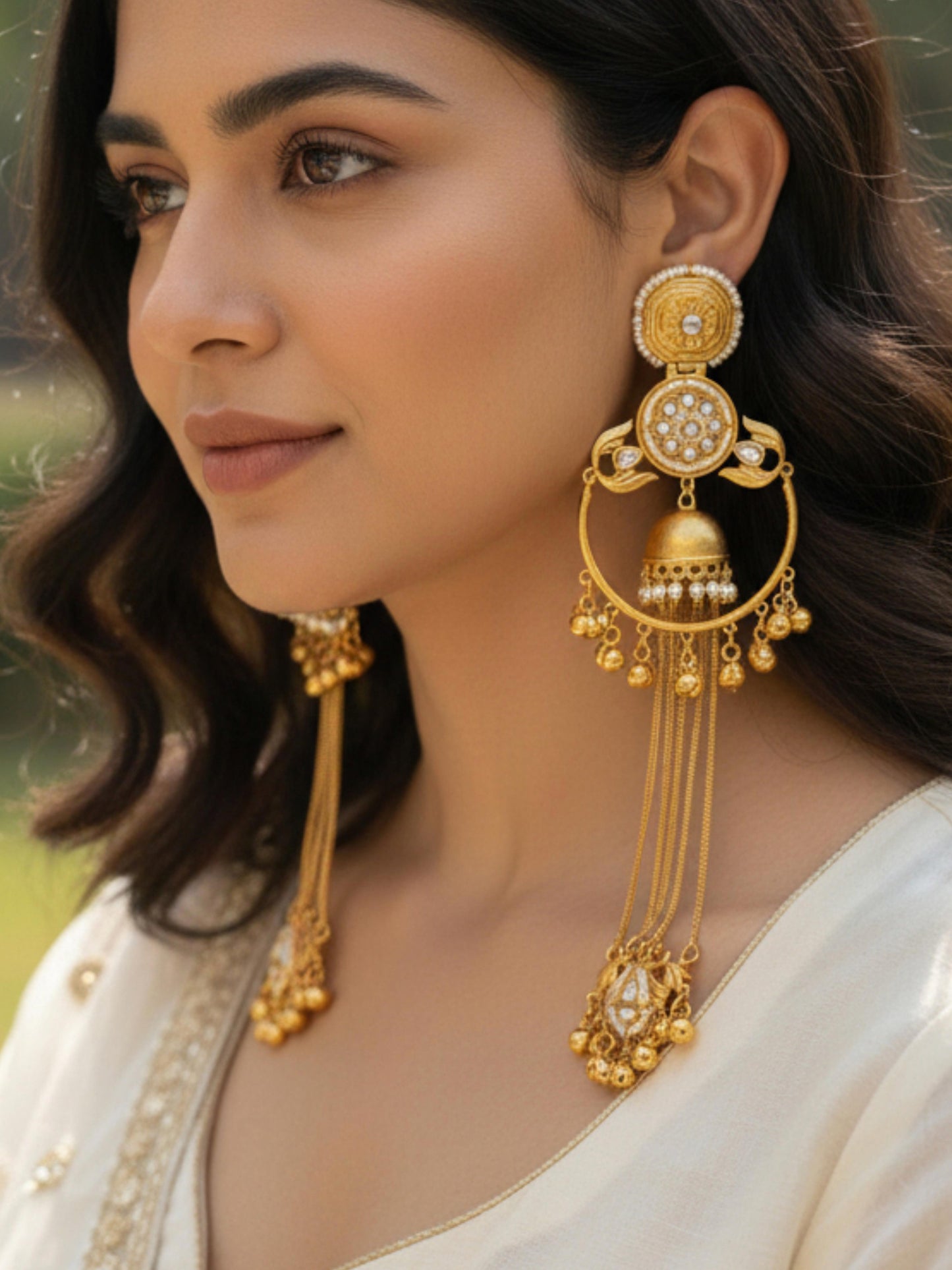 Jareen Pearl & Kundan Kashmiri Ghungroo Golden Dangle Earrings
