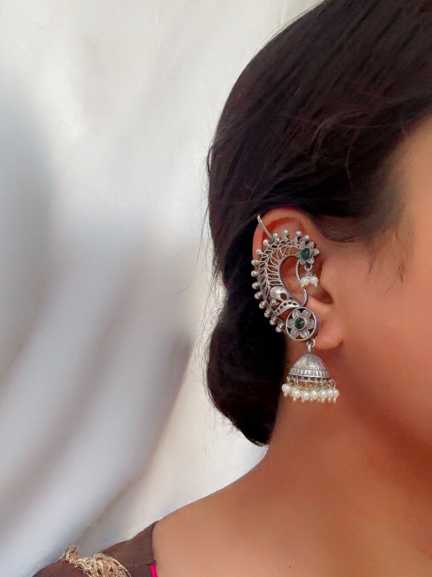 Jarul Green Earcuff Jhumki Oxidized Earrings