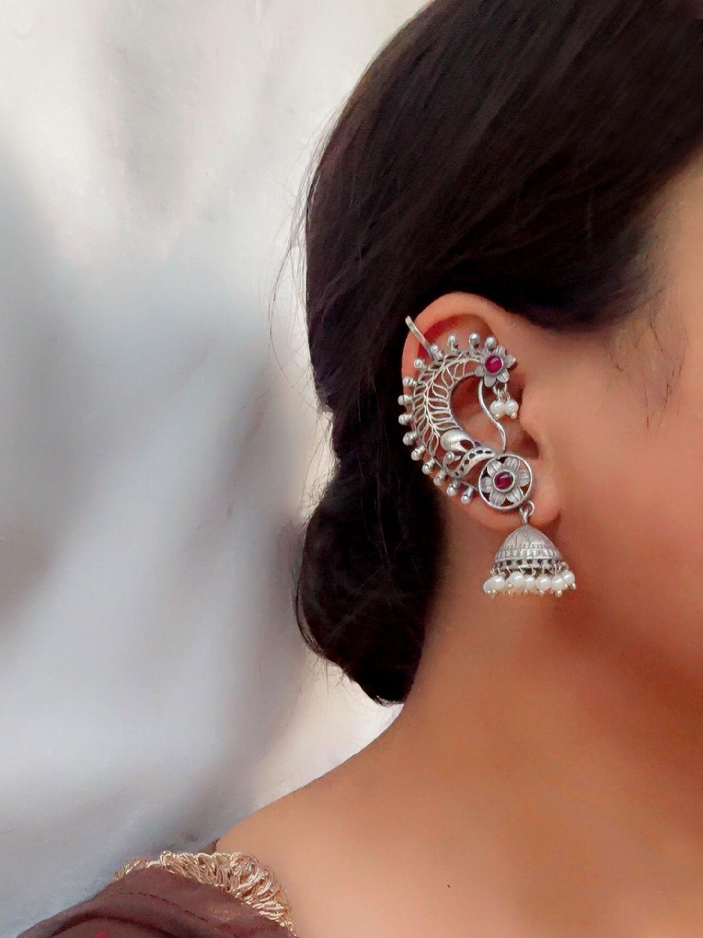Jarul Magenta Red Earcuff Jhumki Oxidized Earrings