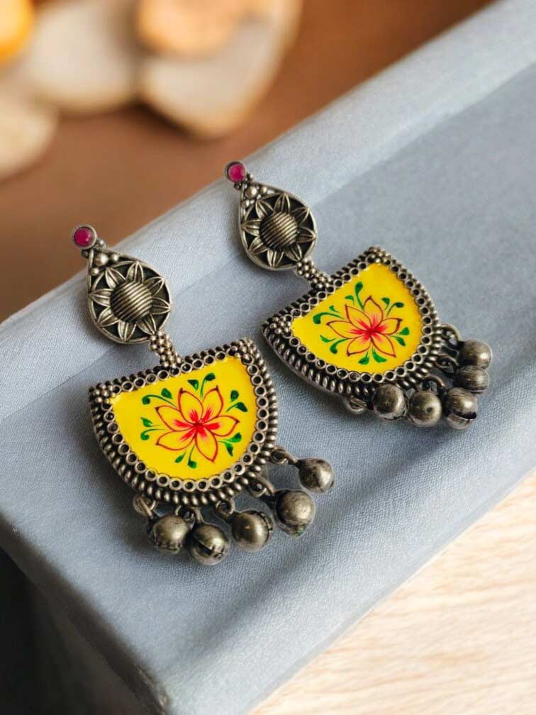 Kadmbini Yellow Meenakari Hand painted Earrings