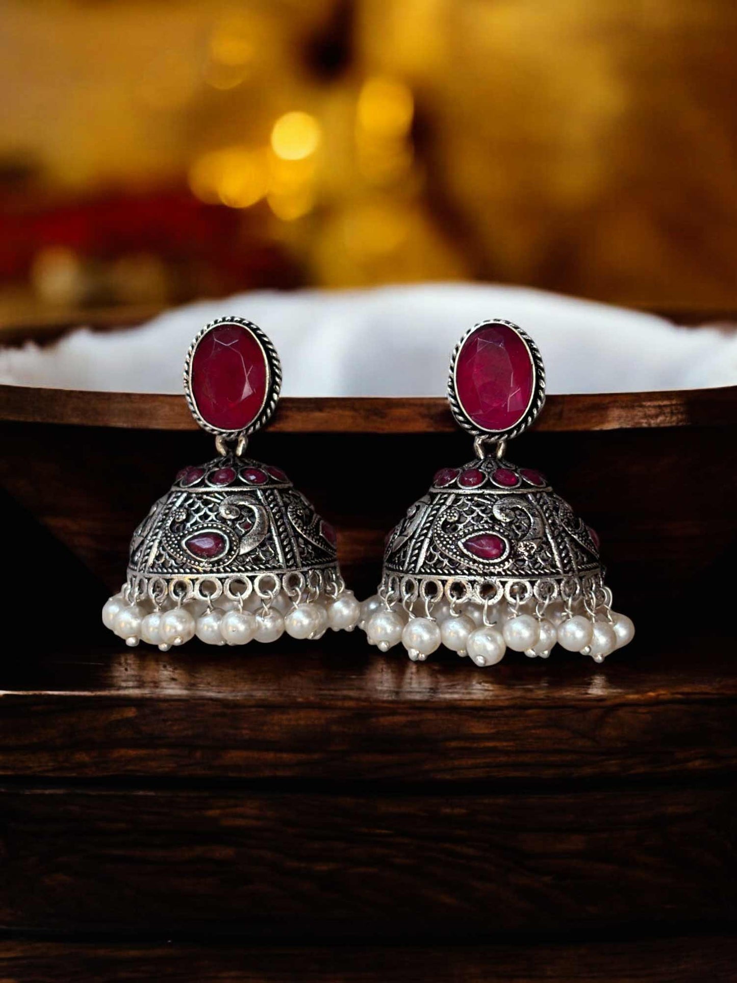 Kala Magenta Pearl Monalisa Stone Jhumka Earrings