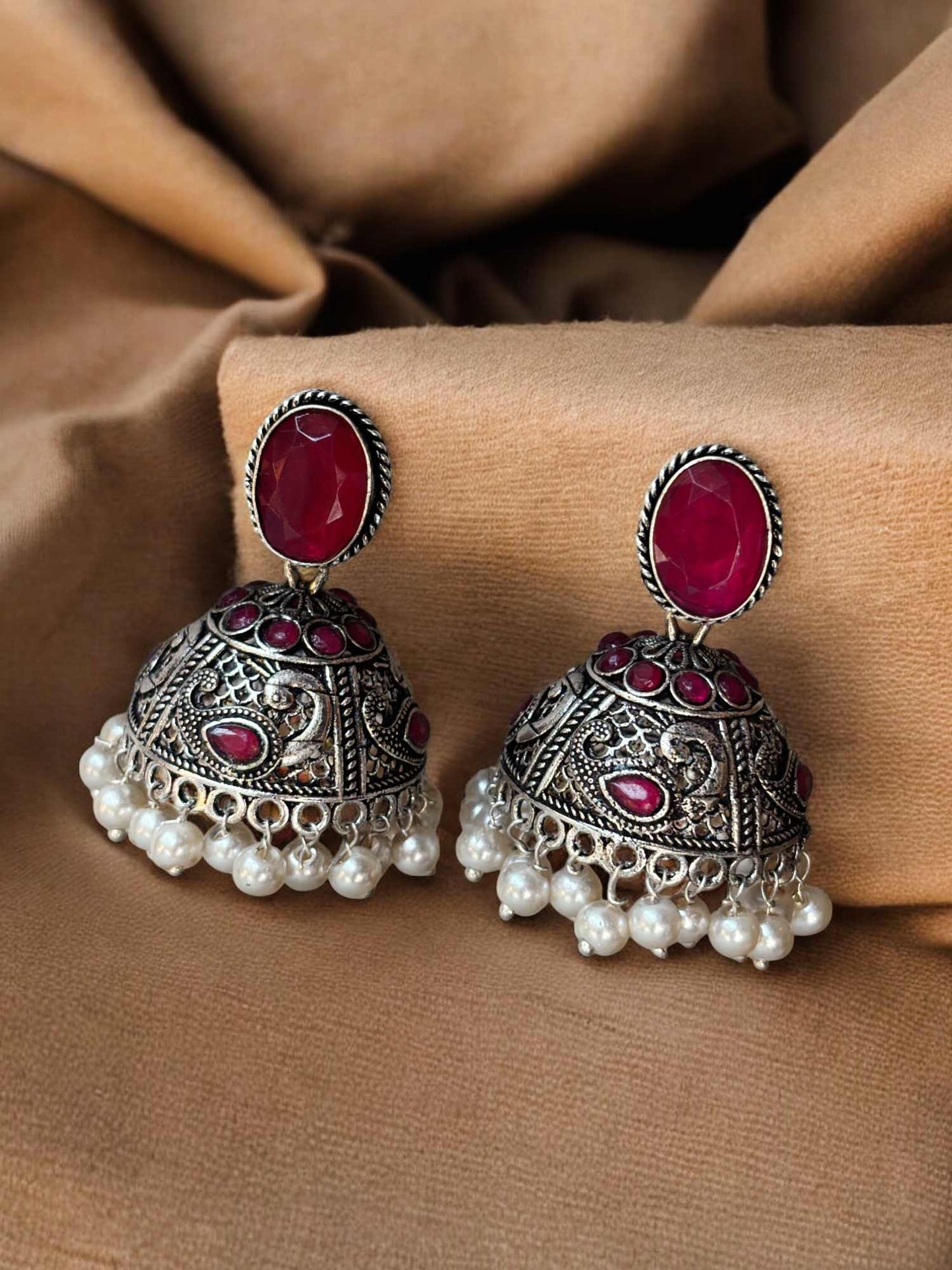 Kala Magenta Pearl Monalisa Stone Jhumka Earrings