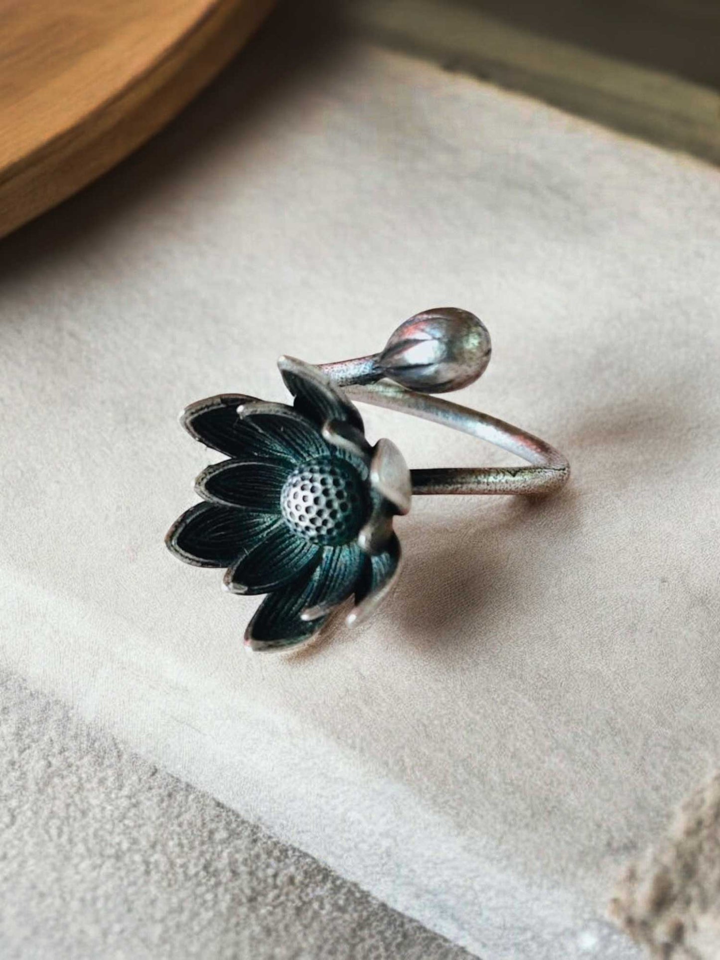 Kamal Phool Adjustable Oxidized Finger Ring