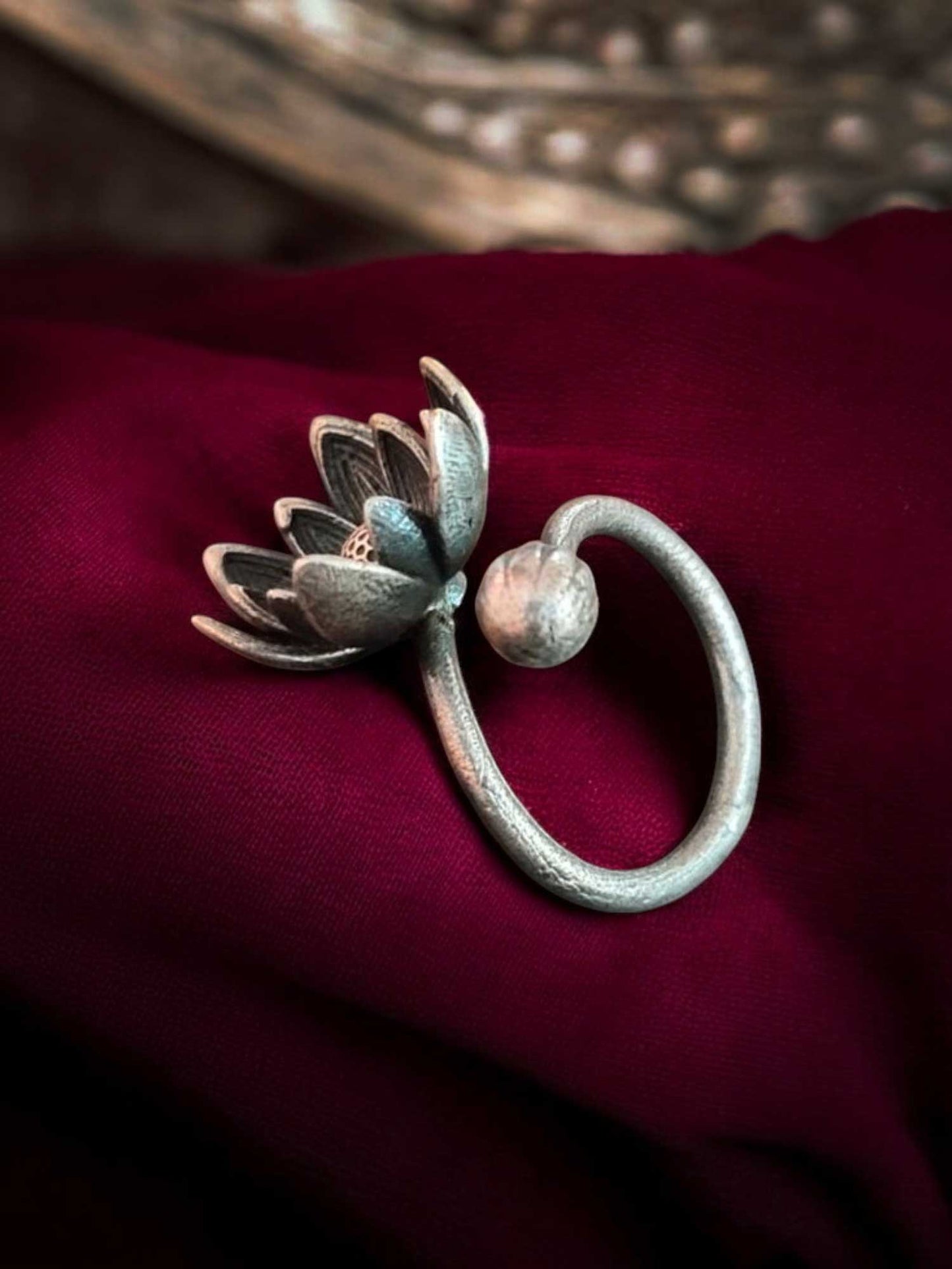 Kamal Phool Adjustable Oxidized Finger Ring