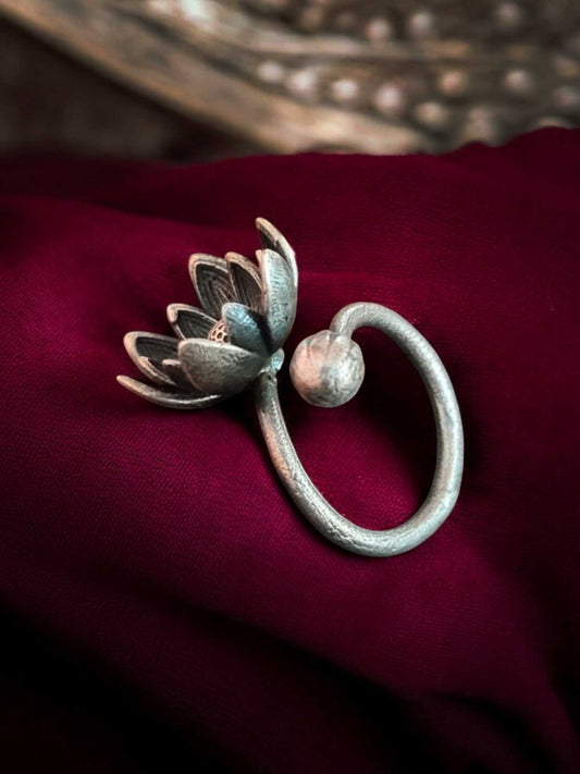 Kamal Phool Adjustable Oxidized Finger Ring