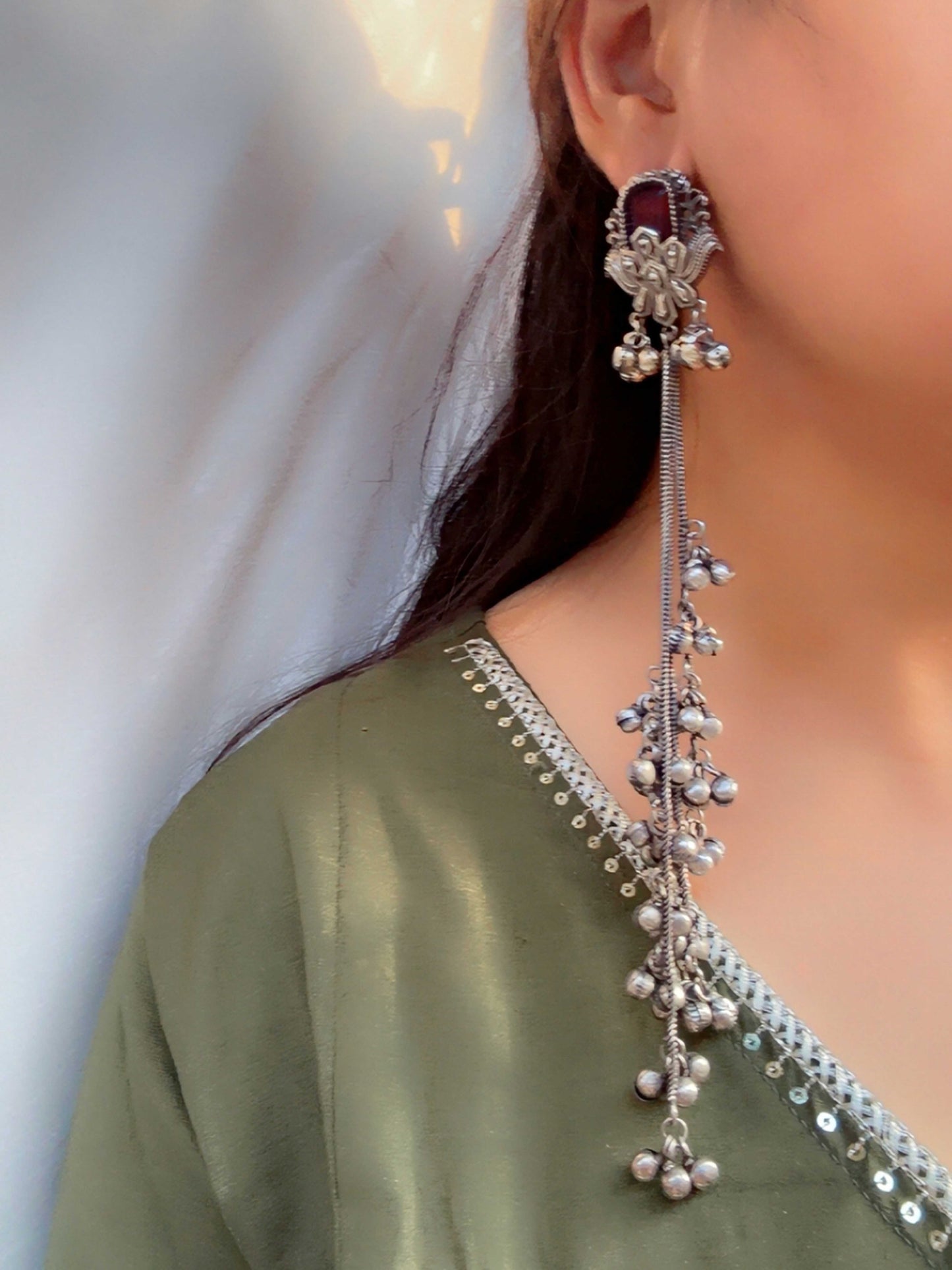 Kara Red Monalisa Stone Long Kashmiri Ghungroo Oxidized Earrings