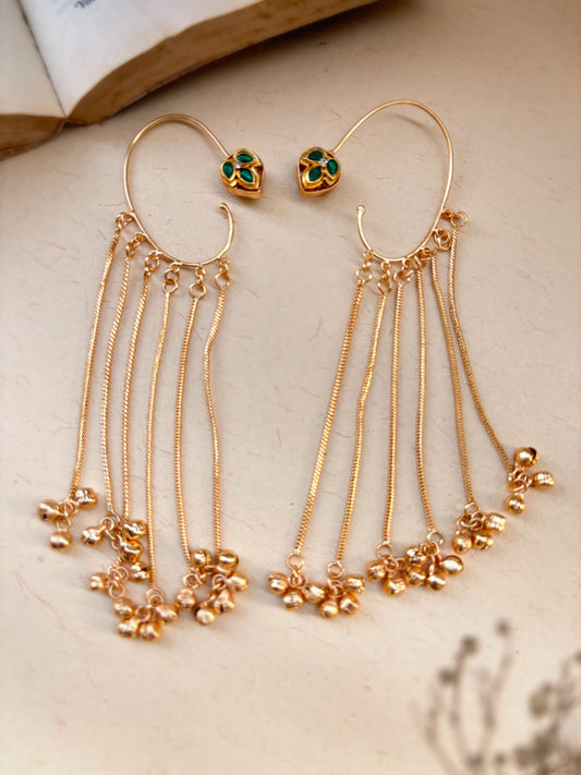 Karnapatra Green Monalisa Stone Golden Long Ghungroo Earcuffs