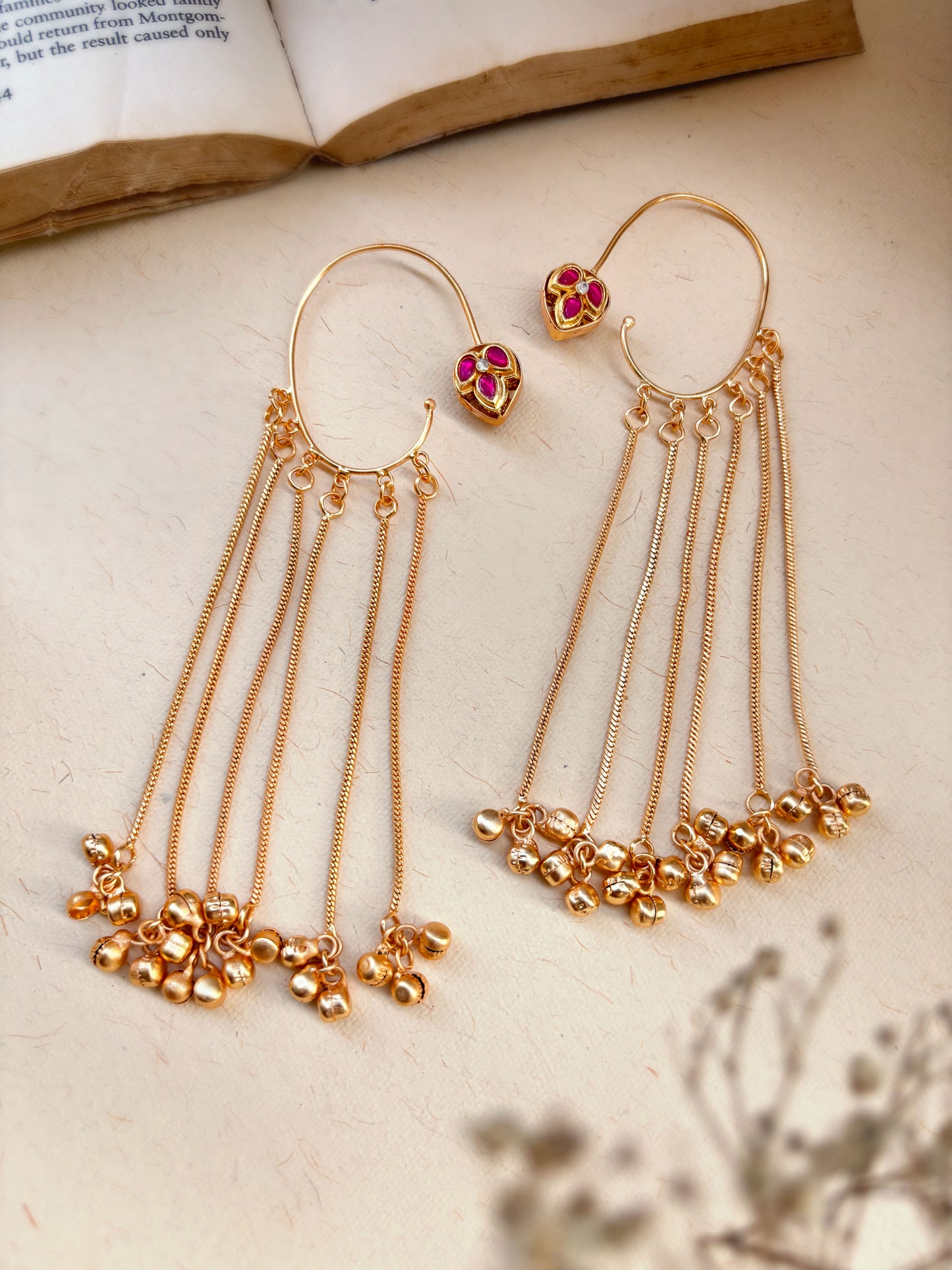 Karnapatra Magenta Monalisa Stone Golden Long Ghungroo Earcuffs