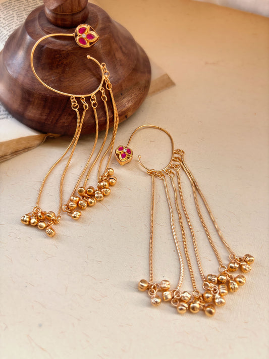 Karnapatra Magenta Monalisa Stone Golden Long Ghungroo Earcuffs