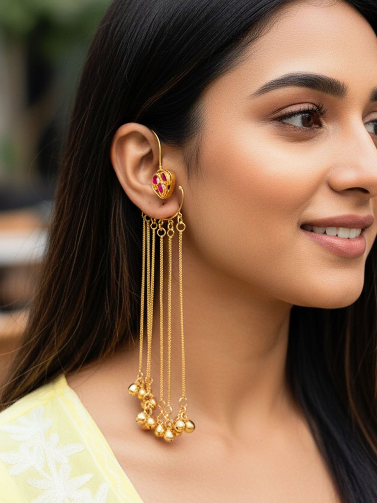 Karnapatra Magenta Monalisa Stone Golden Long Ghungroo Earcuffs