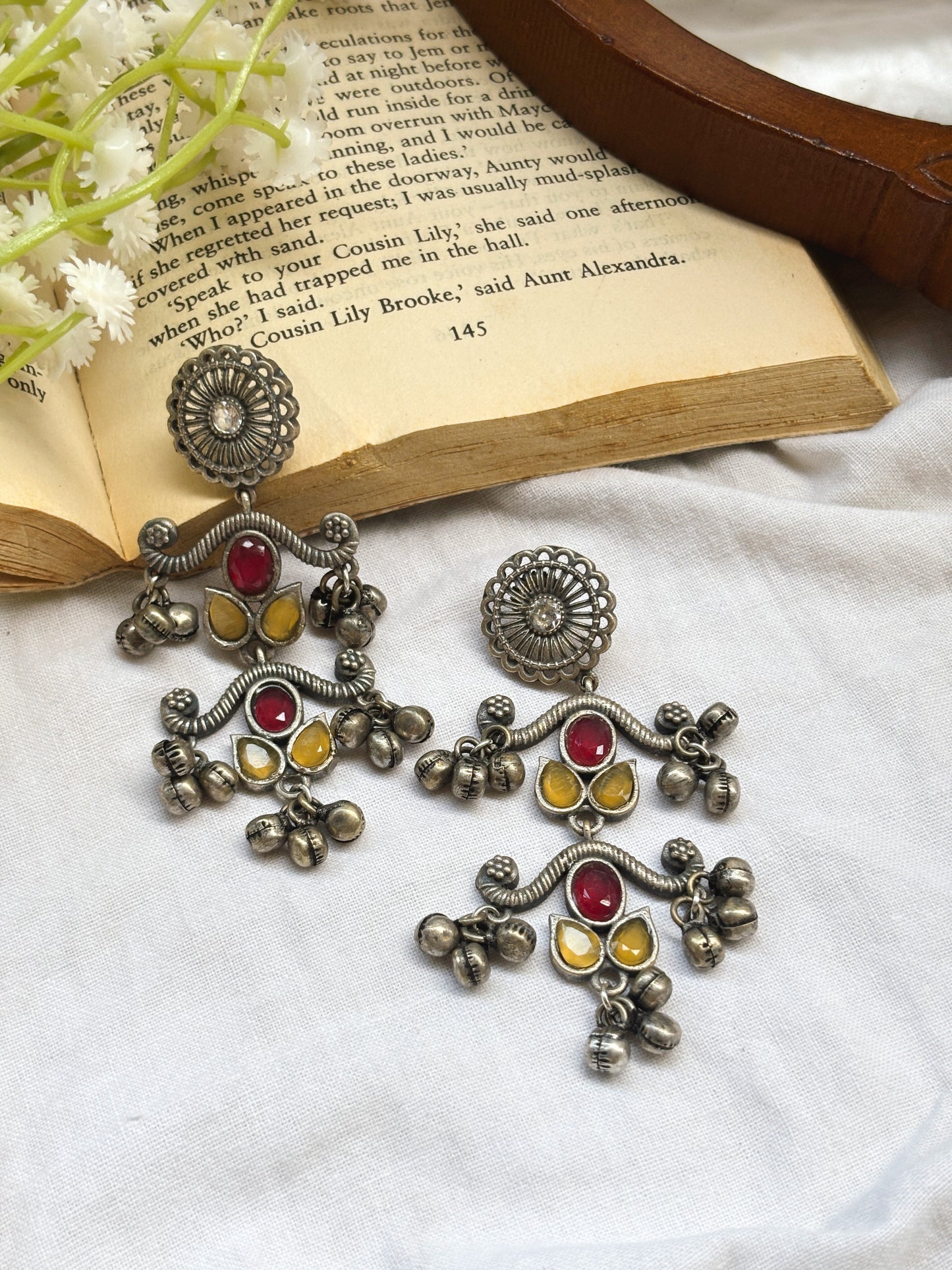 Katyayani Red-Yellow Monalisa Stone Ghungroo Earrings