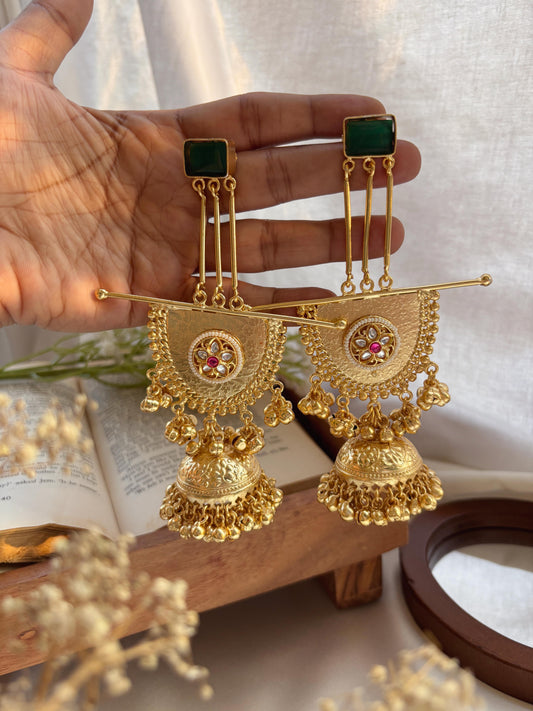 Kishika Green Kashmiri Long Ghungroo Golden Jhumka Earrings