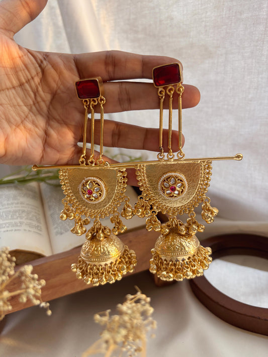 Kishika Red Kashmiri Long Ghungroo Golden Jhumka Earrings