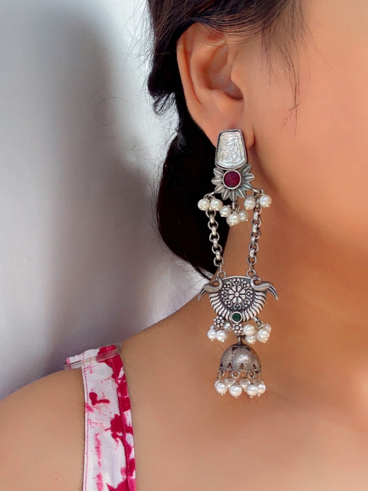 Kshanika Red Long Dangle Pearl Oxidized Earrings