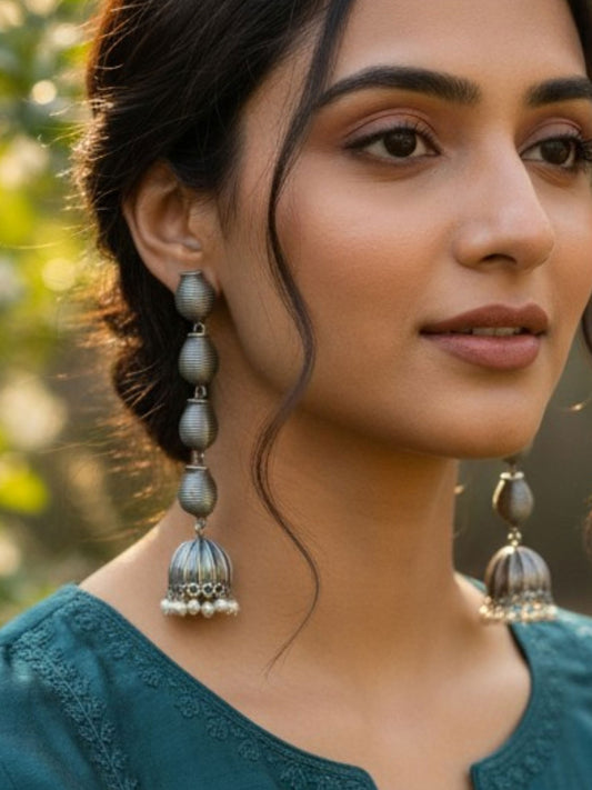Kumbhika Pearl Long Jhumka – Oxidized Boho Earrings