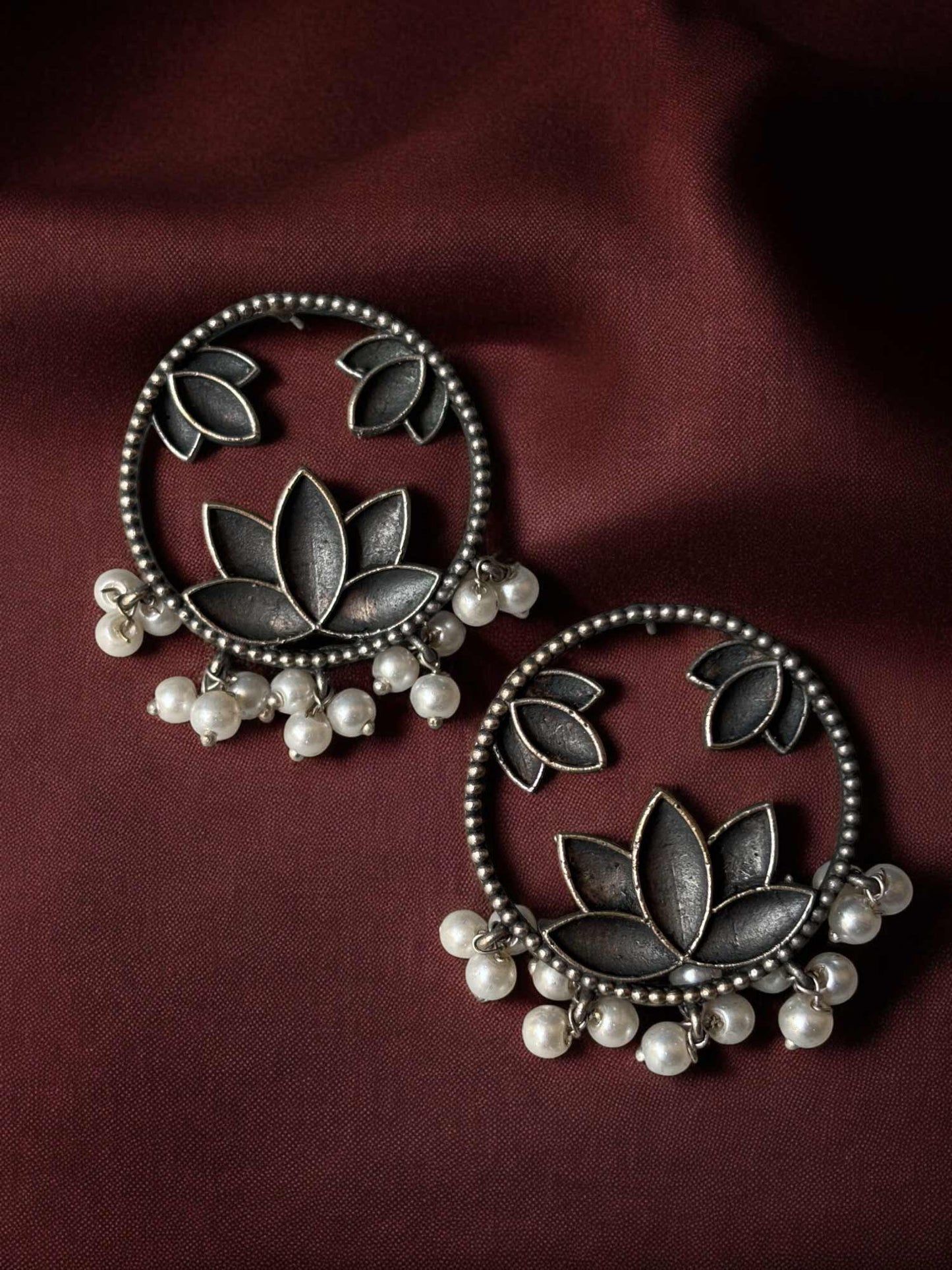 Kumudini Lotus Pearl Oxidized Studs Earrings