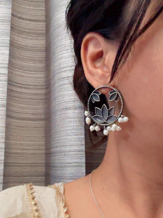Kumudini Lotus Pearl Oxidized Studs Earrings