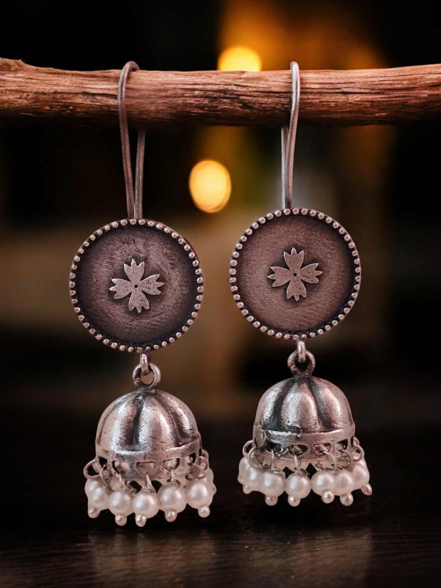 Luck Charm Pearl Hook Silver Oxidized Jhumki