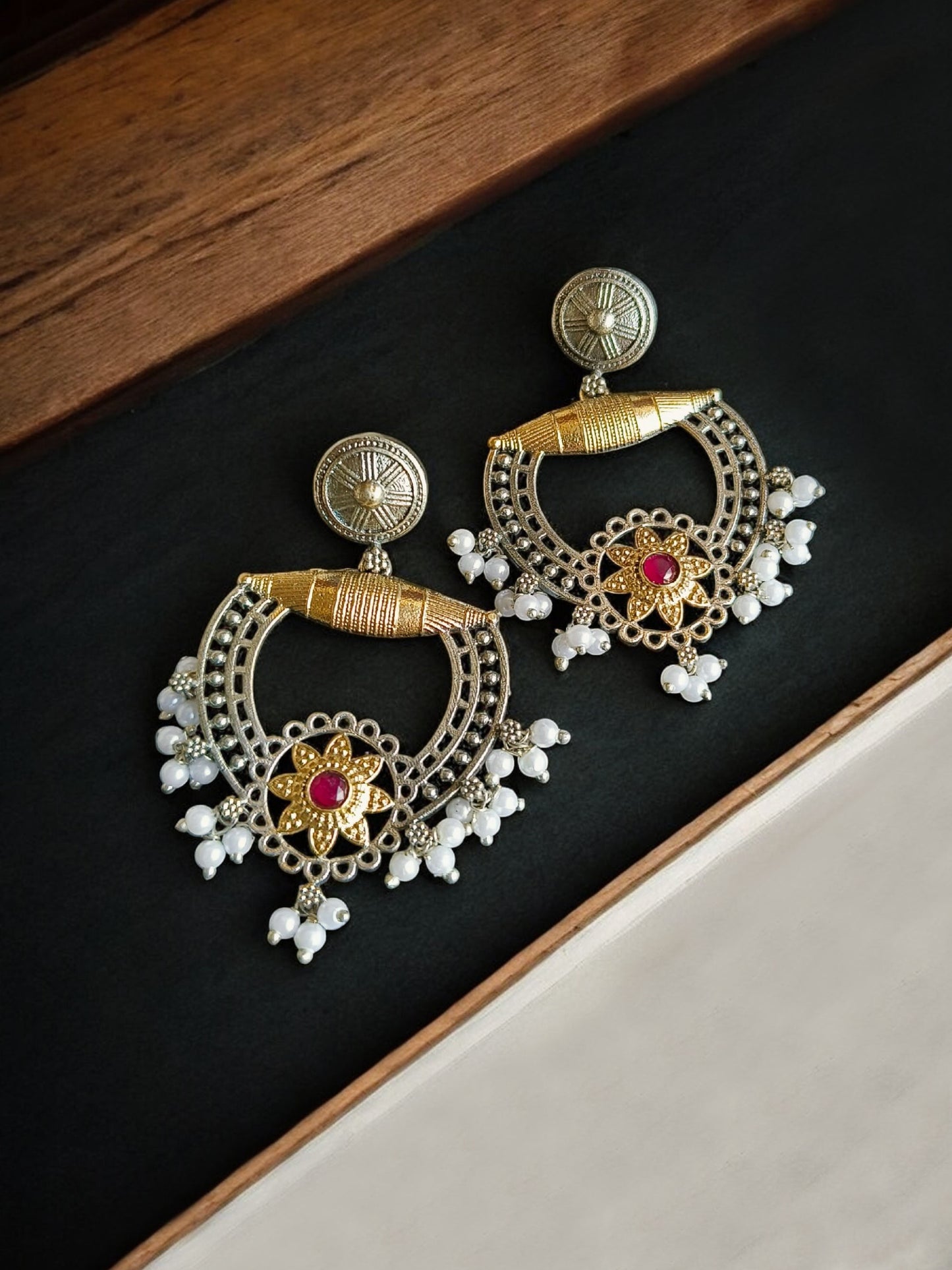 Madhura Dual Tone Red Monalisa Stone Dangle Earrings