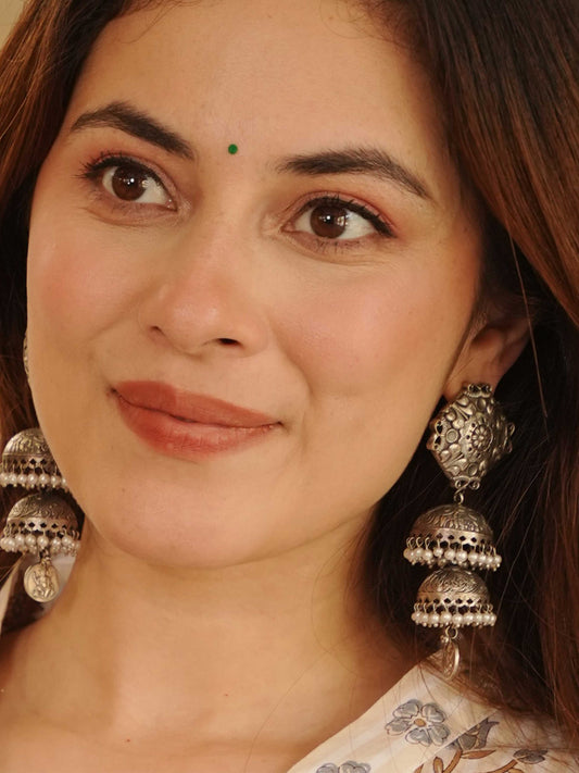 Maha Long Double Layer Pearl Jhumka – Oxidized Silver Earrings
