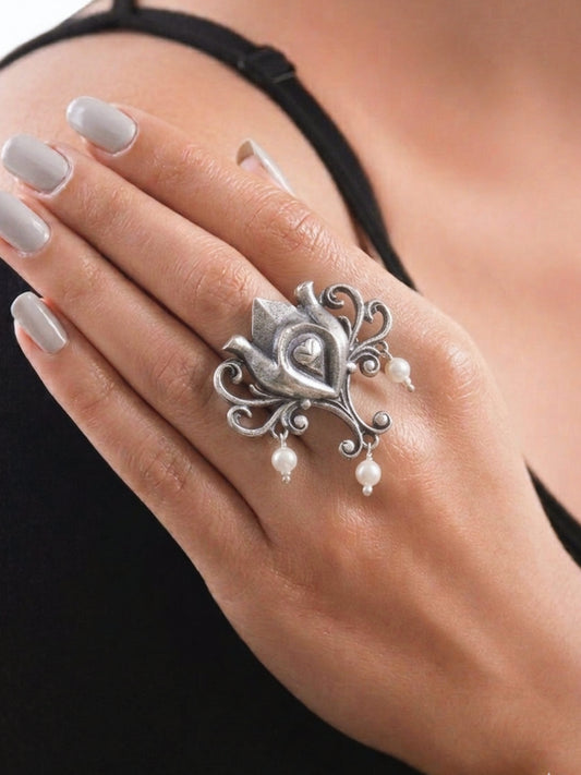 Manjari Pearl Adjustable Oxidized Ring