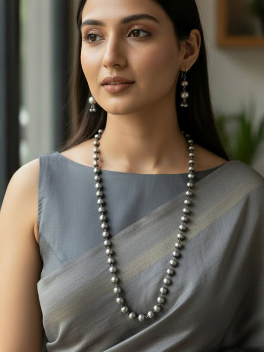 Matarmala Oxidized Silver Beads Long Necklace Set with Earrings