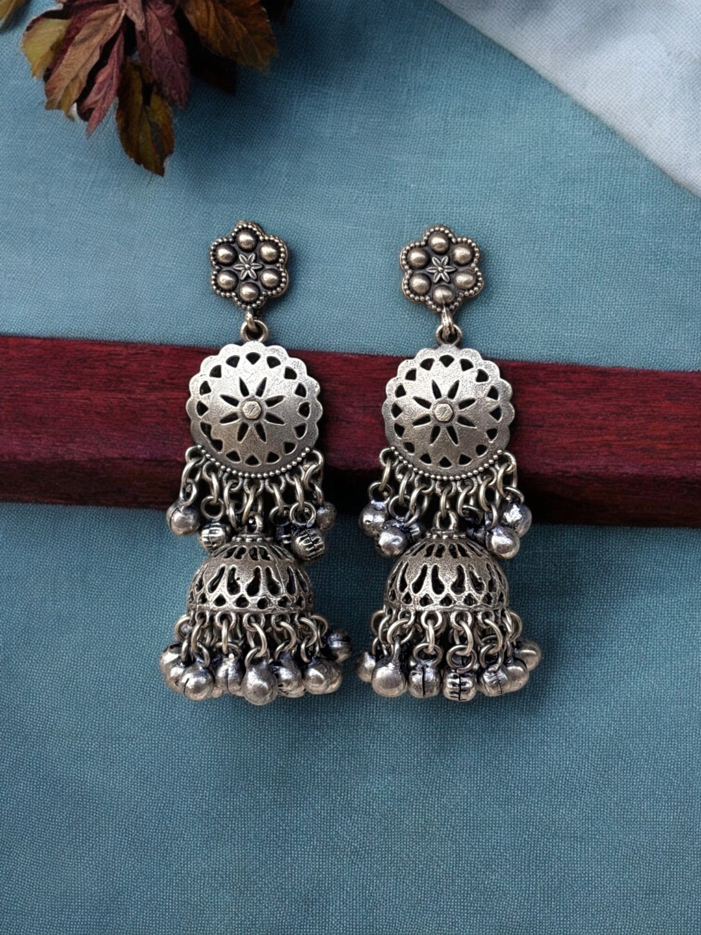 Midhah Oxidized Silver Ghungroo Jhumka Earrings