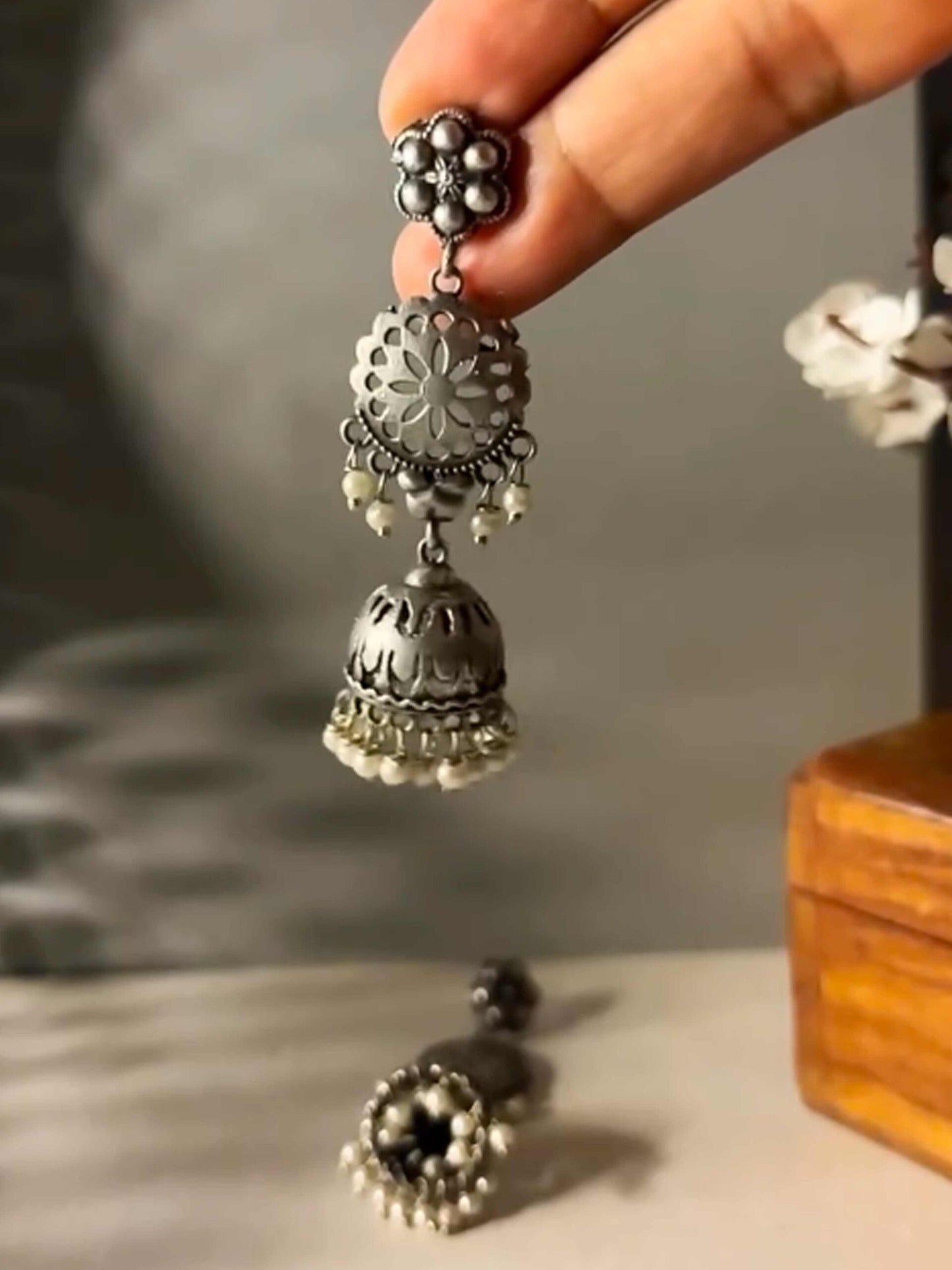 Midhah Silver Pearl Oxidized Jhumka Earrings