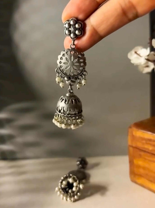 Midhah Silver Pearl Oxidized Jhumka Earrings