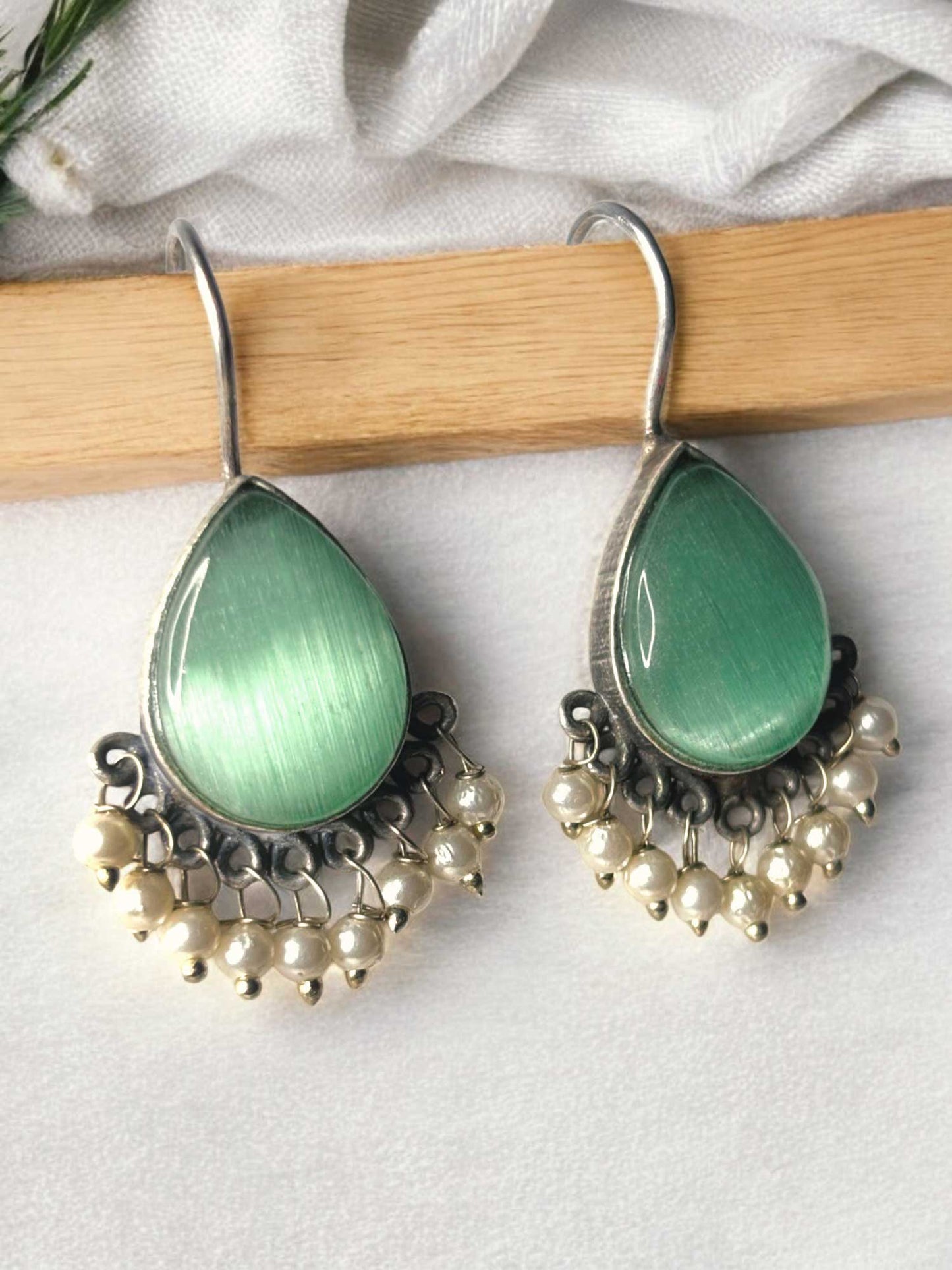 Dew Drop Monalisa Stone Oxidized Hook Earrings