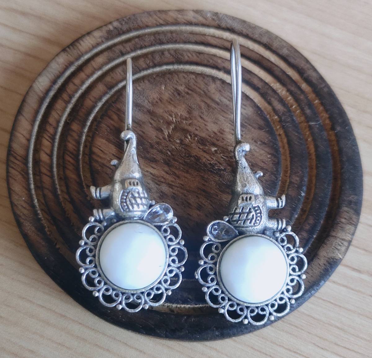 White Hathi Oxidised Hook Earrings
