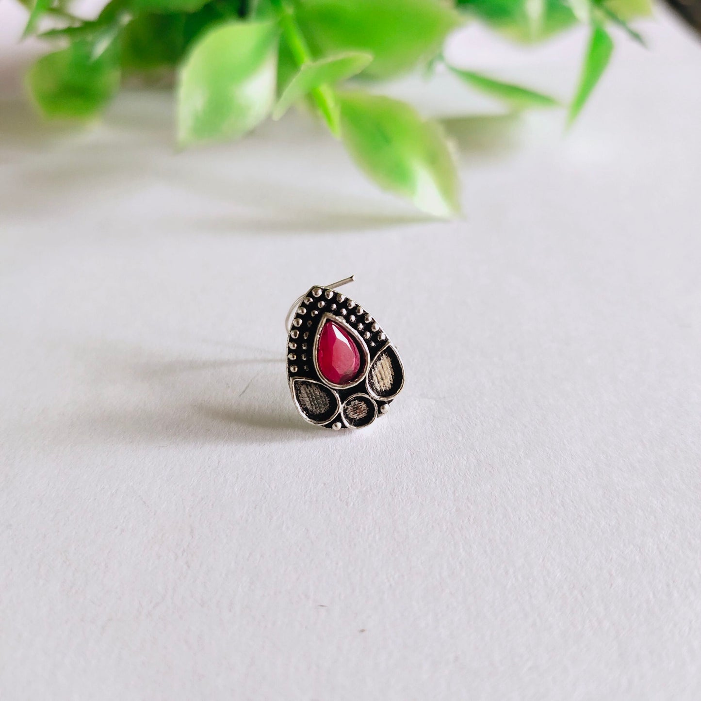Kali Red Stone Oxidised Silver Piercing Nose Pin
