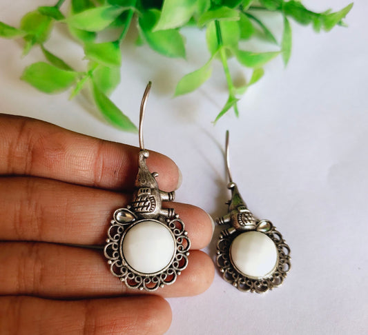 White Hathi Oxidised Hook Earrings