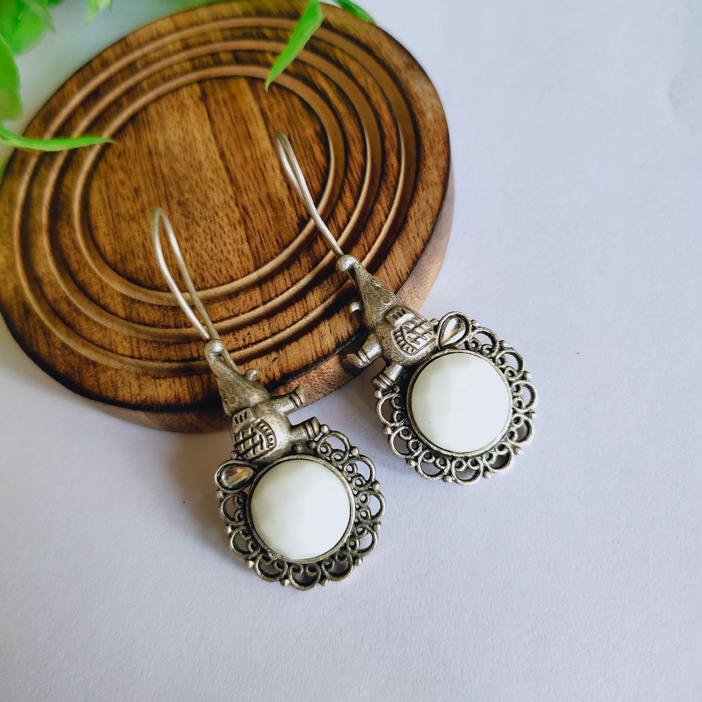 White Hathi Oxidised Hook Earrings