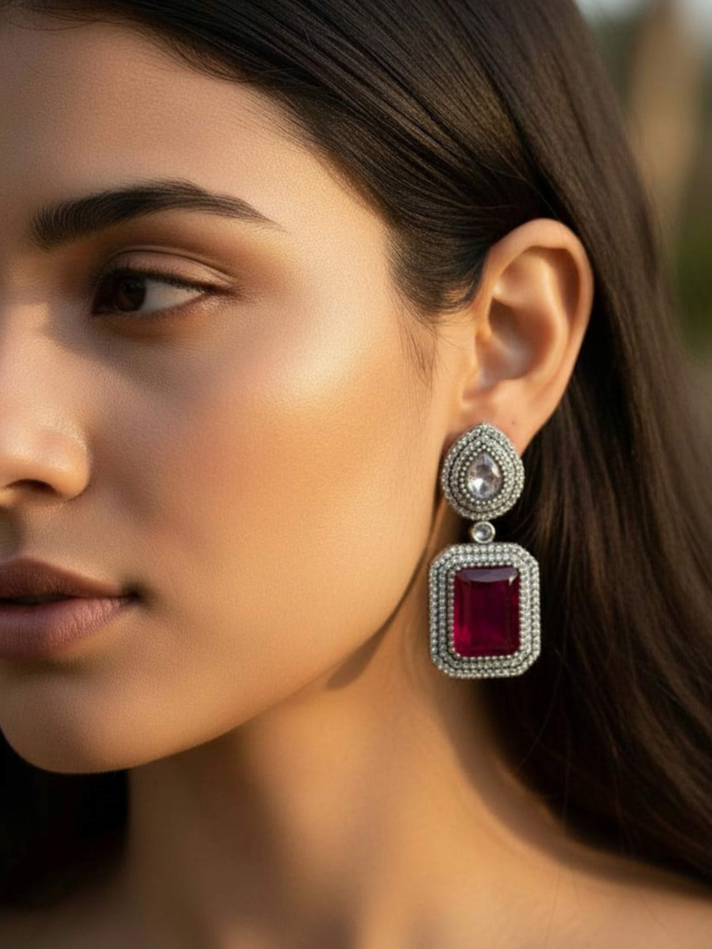 Nakshatra Red Monalisa Zircon Dangle Earrings