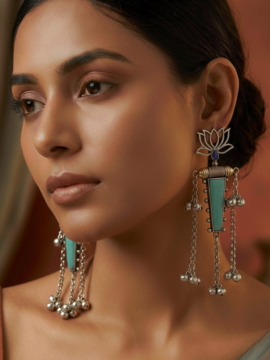 Nalinakshi Blue Cyan Monalisa Stone Dual Tone Ghungroo Dangle
