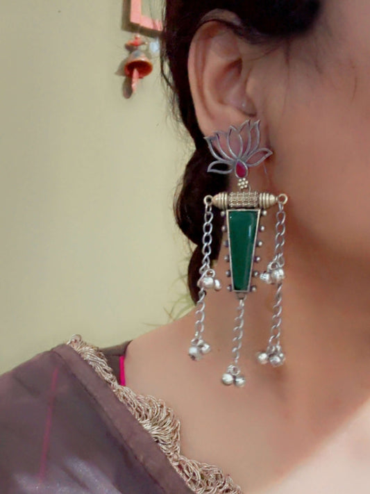 Nalinakshi Green Red Monalisa Stone Dual Tone Ghungroo Dangle